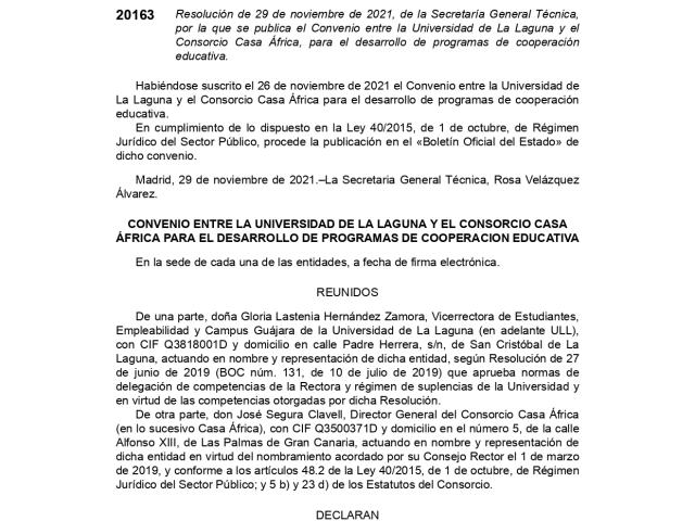 Convenio entre la Universidad de La Laguna y el Consorcio Casa África, para el desarrollo de programas de cooperación educativa