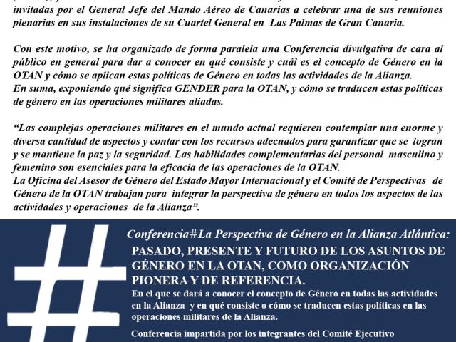 Cartel de la conferencia: 'La perspectiva de género en la OTAN. Pasado, presente y futuro de los asuntos de género en la OTAN'